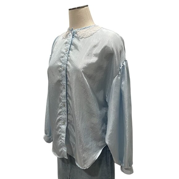 Vintage Light Blue Blouse L Lace Peter Pan Collar Cottagecore Romantic Coquette - Picture 8 of 8